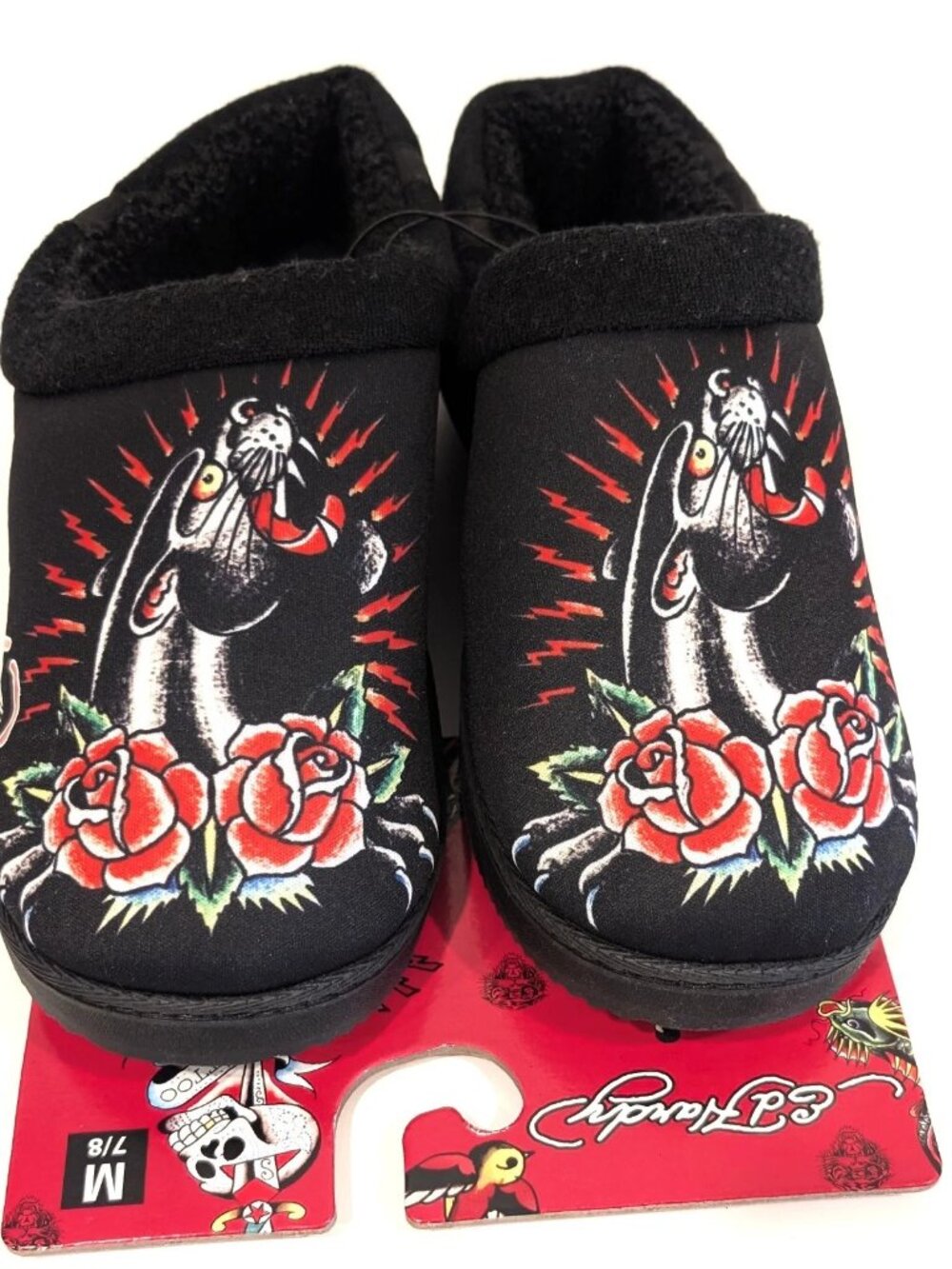 Ed Hardy Mens Size Medium 7-8 Panther Rose Slipper Clogs Black Fleece House Shoe